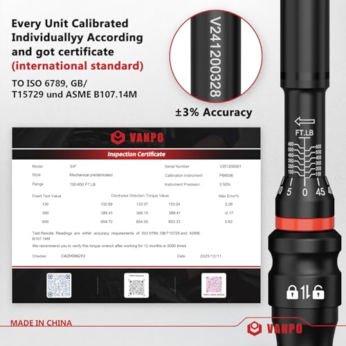 VANPO Torque Wrench 3/4-Inch Drive 100-650 Ft-Lb for Truck, ±3% Accuracy - size: 3/4-Inch 100-650 Ft-Lb