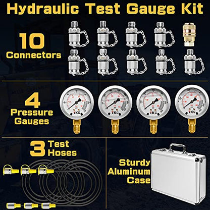 Hydraulic Pressure Gauge Test Set for Excavator, Pressure Tester Coupling Kit with 4 Gauges (1500PSI, 3500PSI, 6000PSI, 9000PSI) - size: 17PCS: 4 Gauges