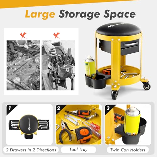 Goplus Rolling Mechanic Stool, Shop Stool Creeper Seat with Removable Padded Seat, 2 Drawers, Tool Tray, Twin Can Holder, Universal Wheels, Round Garage Workshop Chair, 330 Lbs Max Capacity (Yellow) - color: Yellow