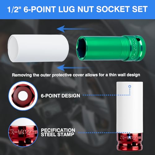 1/2" Drive Wheel Protector Impact Socket, Metric deep 17-19-21-22 mm(4 PCS) - size: 1/2" Color Impact Sockets 4pcs