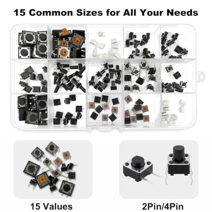 150Pcs 15 Values 2/4 Pins Tactile Push Button Switch Assortment Kit