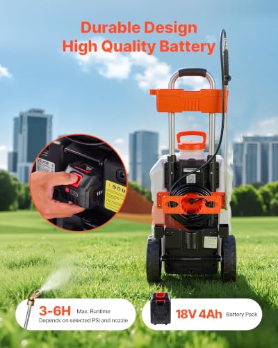 VEVOR Battery-Powered Sprayer with Wheeled Cart, 10 Gallons Electric Weed Sprayer, Adjustable 0-80 PSI, Yard Lawn Sprayers with Wheels, 5 Nozzles & 98ft Hose, 3-6H Spray Time, for Weeding, Cleaning - size: 10 Gal