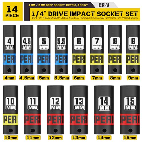 14 Piece 1/4" Drive Impact Socket Set, 4 mm - 15 mm Deep Socket, Metric, 6 Point, CR-V, Auto Repair Bicycle Maintenance and Furniture Assembly - size: 1/4" Deep Metric