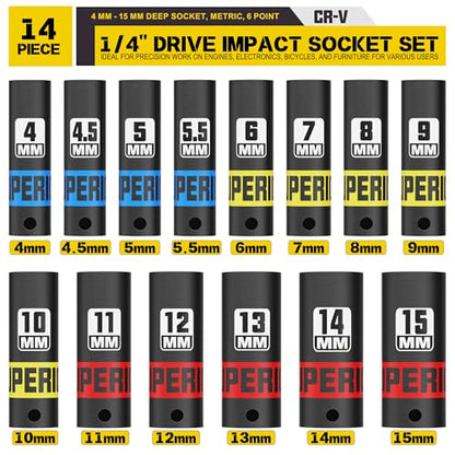 14 Piece 1/4" Drive Impact Socket Set, 4 mm - 15 mm Deep Socket, Metric, 6 Point, CR-V, Auto Repair Bicycle Maintenance and Furniture Assembly - size: 1/4" Deep Metric