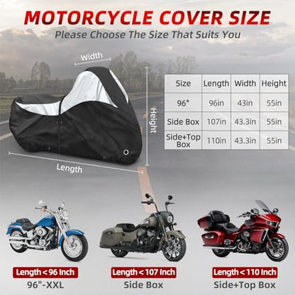 600D Motorcycle Cover, Heavy Duty Waterproof Motorcycle Covers Outdoor Storage with Lock-Holes Compatible with Harley Davidson, Honda, Suzuki, Yamaha (96"-XXL) - size: 96"-XXL