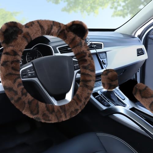 Accmor Fuzzy Car Steering Wheel Cover, Warm Fluffy Leopard Steering Wheel Cover with Cute Ears, Soft Plush Furry Car Accessories Decor for Women, Non-Slip Universal 15 inch Fit Vehicle, Truck, SUVs - color: Dark Brown/Black Leopard & Ears