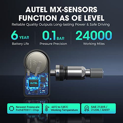Autel TPMS Sensor, MX-Sensor 2 in 1 (315MHz + 433MHz) for 99% of Cars, Wireless Programming 100% Cloneable, Same as OE Sensors, 6-Year Battery Life (Press-in Metal Valve, 8PCS)