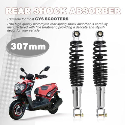 Minho Motorcycle Dual Rear Shock Absorbers with Adjustable Spring Preload in Heavy Iron Material Compatible with Chinese GY6 Scooter Mopeds Taotao Tank Jonway Roketa,305MM Length,10MM Mounting Hole - size: 305mm