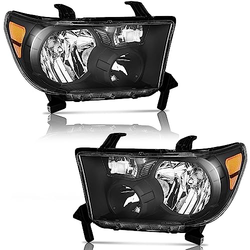 WEELMOTO Headlights for 07-13 Toyota Tundra, Fits Models W/O Level Adjuster - color: Clear Lens I Black Housing I Amber Reflector