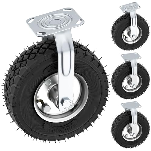 10 Inch Pneumatic Casters Set of 4 (2 Swivel/ 2 Rigid), Heavy Duty Casters, Tolerable 1300 LBS, Rubber Knobby Tread for Workbench, Cart, Trolley, Wagon and Shelves - size: 10 inch