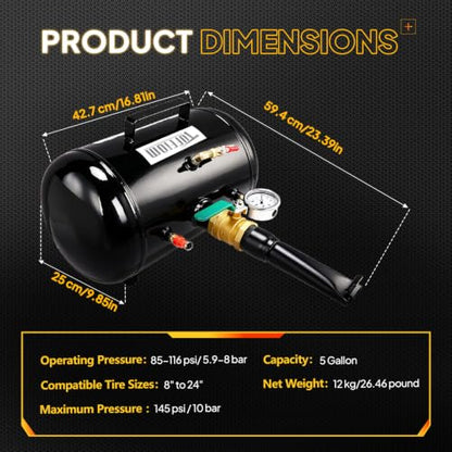 TUFFIOM 5 Gallon Air Tire Bead Blaster Seater w/Pressure Gauge & Handle, Wheel Seating Tool Inflator Tank for Truck ATV, 85-116PSI Operating Pressure, Black - color: black