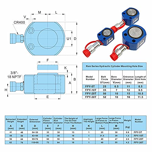 AMZCNC 5 Ton Low Profile Hydraulic Ram Cylinder, 7mm Stroke - size: 5T