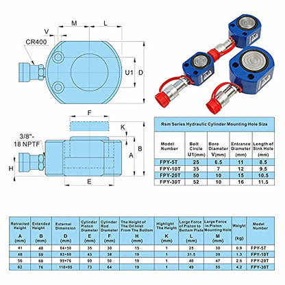 AMZCNC 5 Ton Low Profile Hydraulic Ram Cylinder, 7mm Stroke - size: 5T