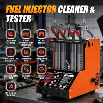 Fuel Injector Cleaner Tester Kit Ultrasonic Injector Cleaner Machine 9 Test Modes Fuel Injector Tester Cleaner 4 Cylinder Fuel System Injection Cleaning Tool Kit for 5V & 12V Motorcycle Car Injectors