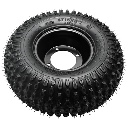 2PCS 16x8-7 ATV UTV Go Kart Tires and 7" Wheels 4 Lug Rims with 24T Spline Rear Axle Wheel Hubs, 200/55-7 16x8.00-7 Tubeless All Terrain Tires for Quad Bike Mini Bike Lawn Mower Yard Tractor Trike