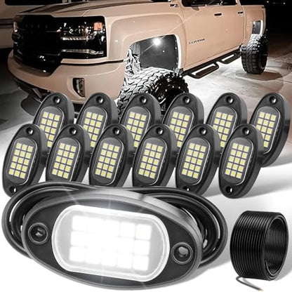 YONEDA White Rock Lights for Trucks, 12 Pods, IP68 Waterproof - color: White, size: 12 Pods(15 LEDs/Pod)