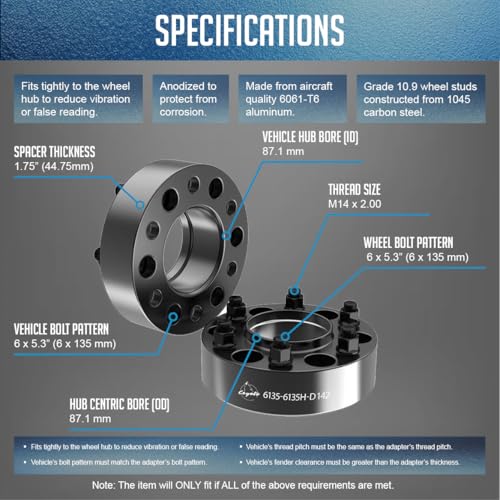 Wheel Accessories Parts 4 Pcs Hub Centric Wheel Spacers 6 on 135mm 6x135mm 1.75 Inch Thick 87.1mm Hub M14X2 14x2 Thread Stud Fits Ford F-150 Expedition ｜ Lincoln Navigator Mark LT - size: 1.75" Thick - 4 Pack, style: 2001-14 F150 Expedition