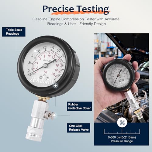 Engine Compression Tester Kit 8PCS, 0-300 PSI Cylinder Pressure Test Tool for Gasoline Engines on Cars, Motorcycles, ATVs & Small Engines with Dual Scale Gauge and Adapters (Black-8PC)