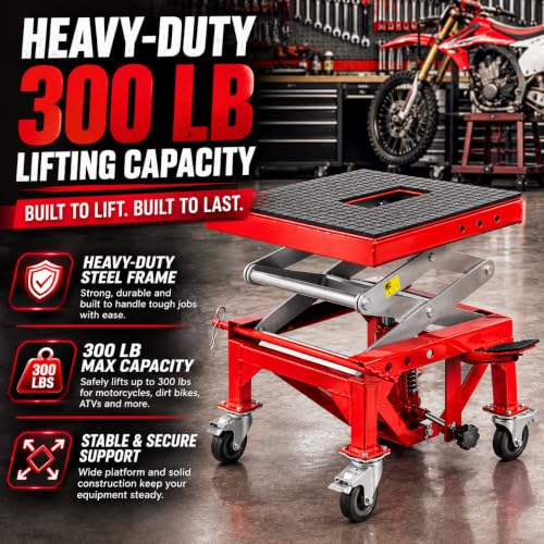 XtremepowerUS 300 lb Hydraulic Motorcycle Scissor Lift Jack, Foot Operated Mini Lift Table with Hand Crank, Motorcycle Dirt Bike ATV Lift Stand, Heavy Duty Maintenance Hoist, Red