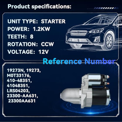 M0T33176 19273N Starter Motor for 2012-2016 Subaru Impreza 2.0L, 2014-2018 Forester 2.5L, 2016-2017 Crosstrek 2.0L, 2015-2021 WRX 2.0L, 2013-2015 XV Crosstrek 2.0L, H4, 12V 1.2KW 8 Teeth CCW - size: M0T33176