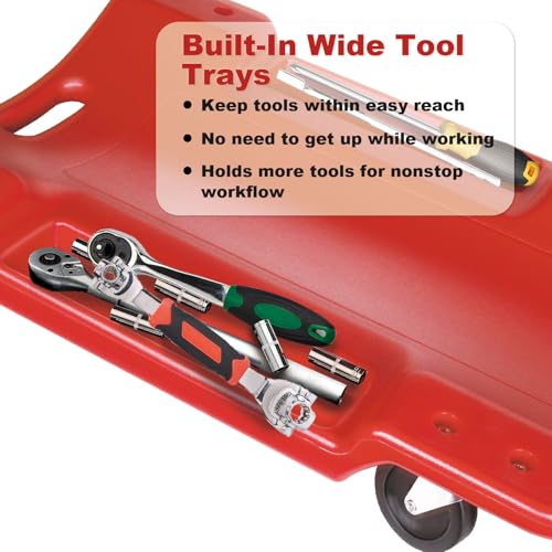 Mechanic Creeper 40 Inch - Heavy Duty 500 lbs Low Profile - Rolling Car Creeper with Padded Headrest, Dual Tool Trays, 6 Swivel Casters - Under Car Automotive Garage Creeper for Auto Repair, Red