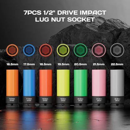 7PCS 1/2" Drive Half Size Lug Nut Impact Socket Set 16.5-22.5mm