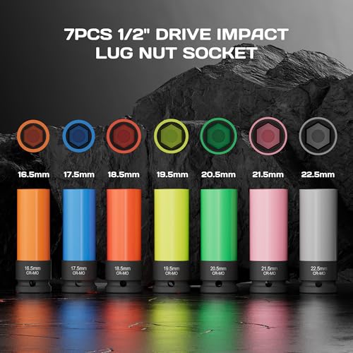 7PCS 1/2" Drive Half Size Lug Nut Impact Socket Set 16.5-22.5mm