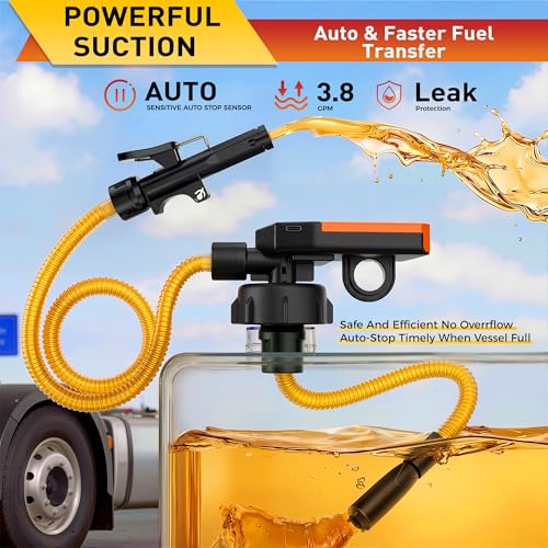 Fuel Transfer Pump with Auto-Stop Sensor, USB/Battery Powered Portable Gas Can Pump with 3.8 GPM High Flow, 51 Inch Long Hose & 4 Adapters, Leak-Free Transfer Pump for Gasoline, Diesel