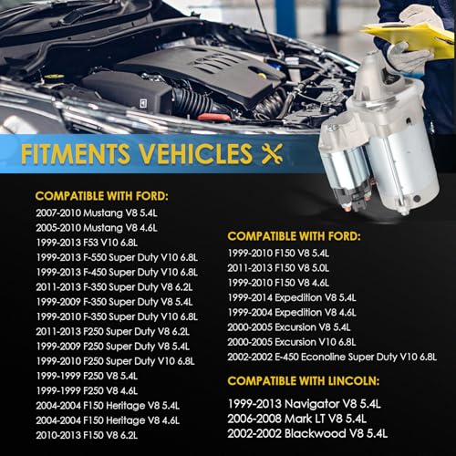 6646N New Starter Replacement for 00-05 Excursion, 99-13 Expedition Ford F-150 F-250 F-350 F-450 F-550 Lincoln Navigator, 05-10 Mustang, 99-13 V8 V10 4.6 5.0 5.4 6.2 6.8L - color: 6646