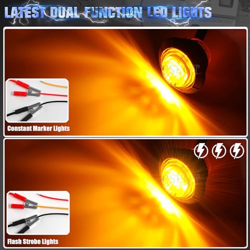 PSEQT 20Pcs 3/4" Strobe Flash+Steady Marker Lights Dual Function Amber LED Trailer Side Clearance Tail Round Lights 12V Turn Signal Warning Waterproof Lamps for Trailer Truck Bus ATV UTV Van RV - color: Amber