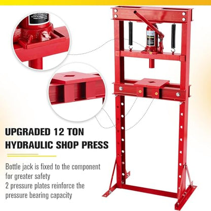 12T Hydraulic Press, Heavy-Duty h-Frame Garage Floor Hydraulic Shop Press - color: Red