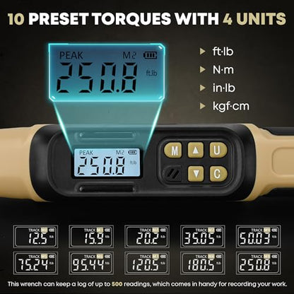 Digital Torque Wrench 1/2 Drive, 12.5-250.8 ft·lb (17-340N.m) ±1% Accuracy Electronic Torque Wrench with Buzzer and LED Heavy Duty Torque Wrench Set with Socket for Car Repair Trucks large machinery - size: 1/2 Drive 12.5-250.8 ft·lb