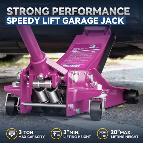 Auto Dynasty 3 Ton Low Profile Floor Jack, Heavy Duty Steel Hydraulic Car Jack with Dual Pistons Quick Lift Pump, Hydraulic Racing Floor Jack, Lifting Range 3" to 20", Purple - color: Purple, size: 3T Dual Pump