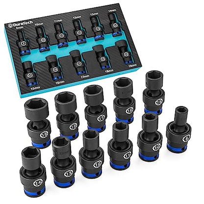 DURATECH 3/8" Drive Impact Universal Joint Socket Set, 11-Piece, 8mm-19mm - size: 11pc