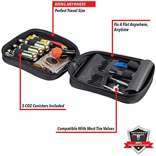Pit Posse PP3167 Motorcycle Tire Repair Kit with Co2 Inflator and Cartridges for Tube and Tubeless Tires, Emergency Roadside Kit, Flat Tire Accessories for Easy Repair