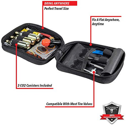 Pit Posse PP3167 Motorcycle Tire Repair Kit with Co2 Inflator and Cartridges for Tube and Tubeless Tires, Emergency Roadside Kit, Flat Tire Accessories for Easy Repair