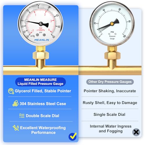 MEANLIN MEASURE -30inHG~60Psi Stainless Steel 1/4" NPT 2.5" FACE DIAL Vacuum Pressure Gauge, Lower Mount, with 1/2" NPT and 3/8" NPT Hex Bushing - size: -30inHG-60Psi