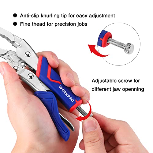 WORKPRO 4-Piece Locking Pliers Set with Comfortable Grip, 5-1/2", 7" and 9" Curved Jaw Locking Pliers, 6-1/2" Long Nose Locking with Storage Bag, Blue&red