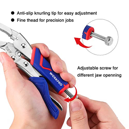 WORKPRO 4-Piece Locking Pliers Set with Comfortable Grip, 5-1/2", 7" and 9" Curved Jaw Locking Pliers, 6-1/2" Long Nose Locking with Storage Bag, Blue&red
