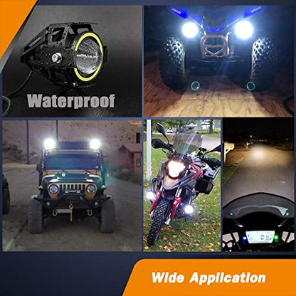 Motorcycle LED Fog Lights U7 Spotlight Daytime Running Lights with White Angel Eyes Halo Ring and Switch 2-Sets - color: white