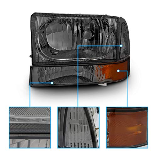 AmeriLite OE Smoke Replacement Headlights 4pcs Set w/Socket Bulb for 1999-04 Ford Excursion/Super Duty F250 F350 F450 F550 Truck - Passenger and Driver Side - color: Smoke