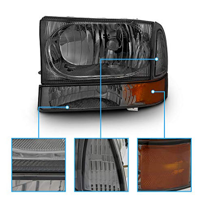 AmeriLite OE Smoke Replacement Headlights 4pcs Set w/Socket Bulb for 1999-04 Ford Excursion/Super Duty F250 F350 F450 F550 Truck - Passenger and Driver Side - color: Smoke