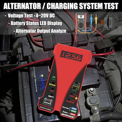 MOTOPOWER MP0514C 12V Digital Battery Tester Voltmeter and Charging System Analyzer with LCD Display and LED Indication - Red Rubber Paint