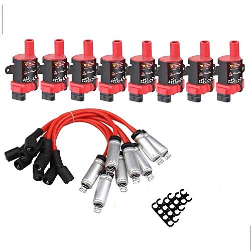 High Performance 8Pcs D585 UF262 Ignition Coils Pack Round Type + 8Pcs 8mm Spark Plug Wire Set Part Number 748UU 12622553 12656210-15% More Energy