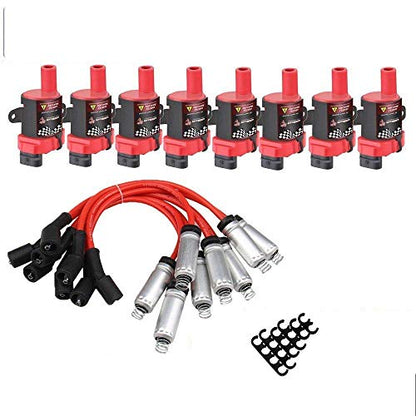 High Performance 8Pcs D585 UF262 Ignition Coils Pack Round Type + 8Pcs 8mm Spark Plug Wire Set Part Number 748UU 12622553 12656210-15% More Energy