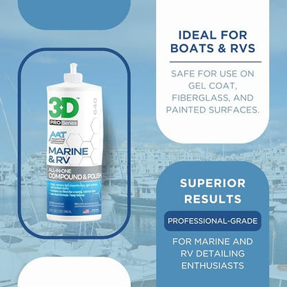3D Marine & RV All-in-One Gel-Coat Compound & Polish – Removes Oxidation, Swirls, & P2000 Scratches, Deep Shine Wax Protection, No Fillers, 32oz