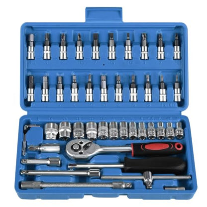 46PCS Socket Ratchet Wrench Set, 1/4 Inch Drive, Blue - color: Blue
