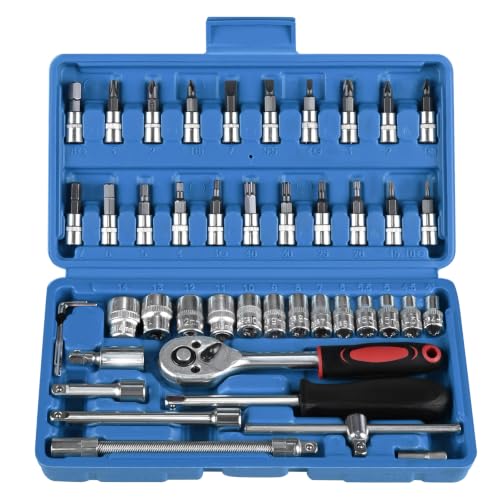 46PCS Socket Ratchet Wrench Set, 1/4 Inch Drive, Blue - color: Blue