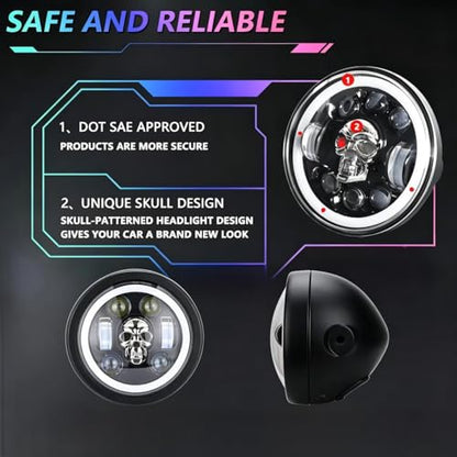 6.69 Inch Motorcycle LED Headlight with Mounting Brackets Assembly, Skull Pattern Round Headlamp with High/Low Beam Turn Signal DRL for Cafe Racer E-bike Bobber Chopper - size: 6.69'' skull headlight with housing brackets