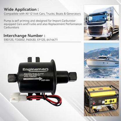 Electric Fuel Pump 12V 5-9psi HEP-02A for Electric Transfer Universal Low Pressure Gas Diesel Fuel Pump for All 12V Cars Trucks Boats Carburetor Lawn Mower - size: 5-9 PSI HEP-02A